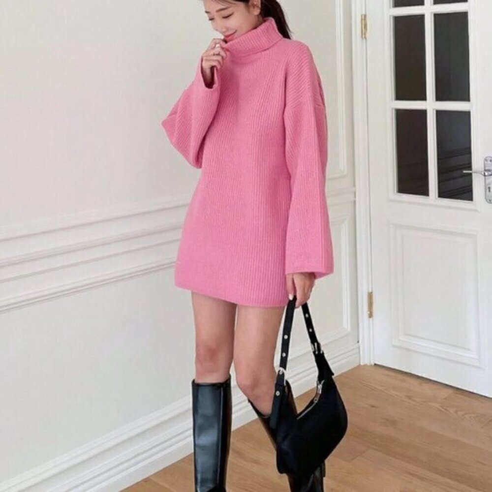 Pink Casual Womens Turtleneck Drop Shoulder Sweater